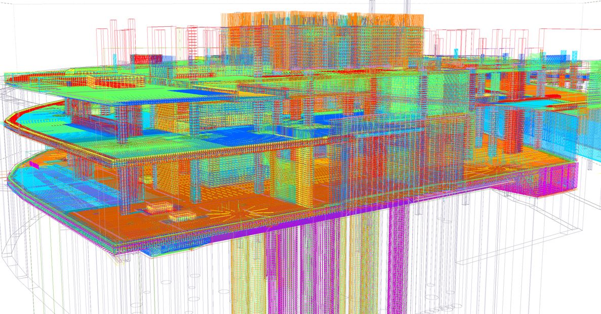 3D rendering of structural design of a building with colorful elements.