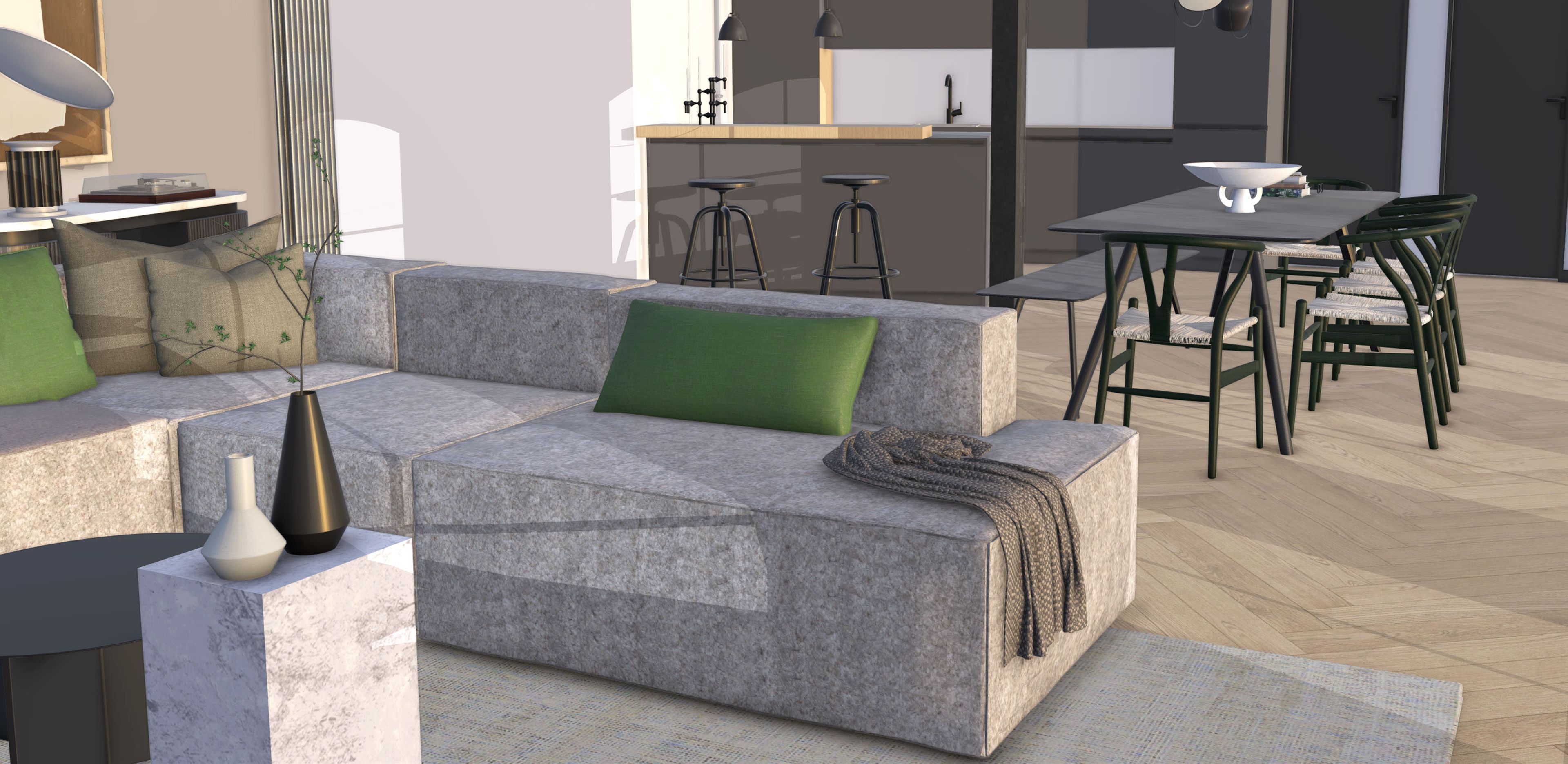 Vue intérieure d'un espace salon modélisé dans SketchUp montrant de nouvelles matières réalistes sur un canapé, une couvertur