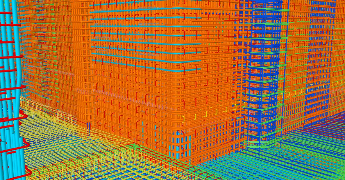 Wireframe model of steel rebar reinforcement for concrete construction.