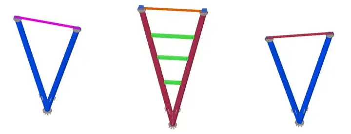Three different colored triangular structures showing different configurations.
