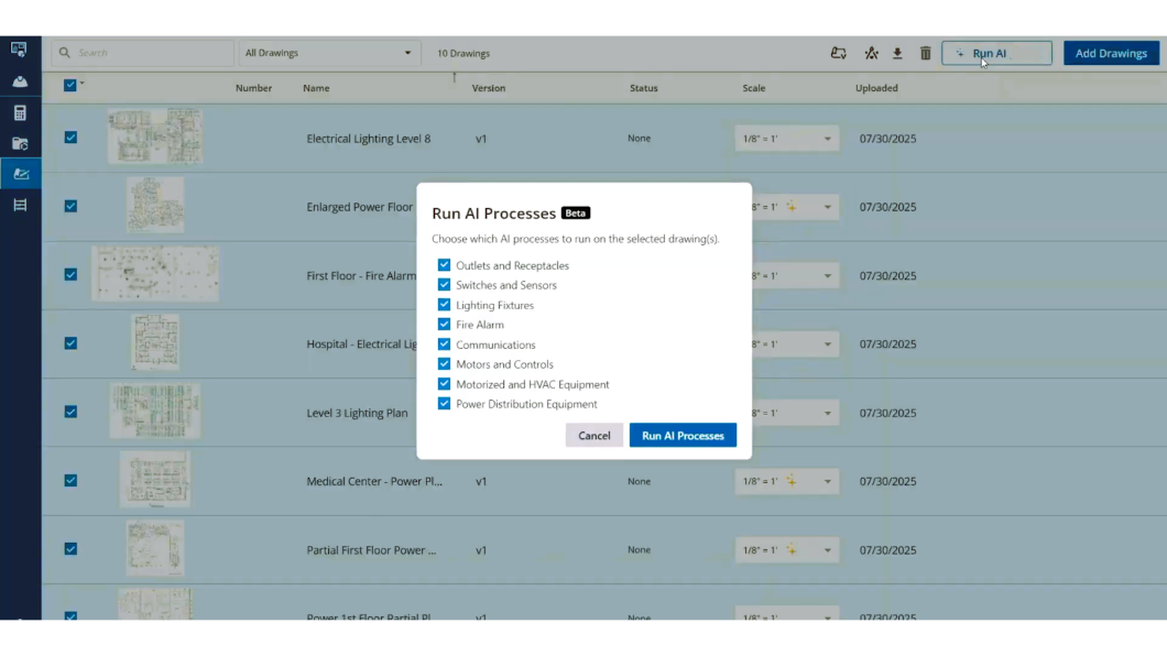 Dialog box for selecting LiveCount AI processes on electrical drawings
