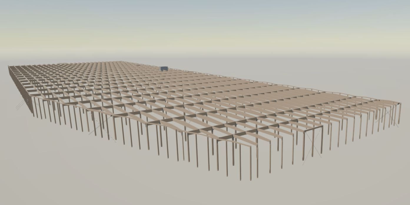 A 3D rendering of a large, flat wooden structure supported by numerous vertical posts.