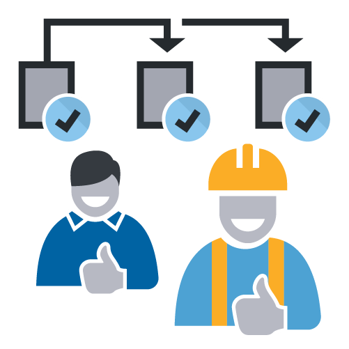 Flowchart with two individuals and completed tasks, indicating efficiency and success.