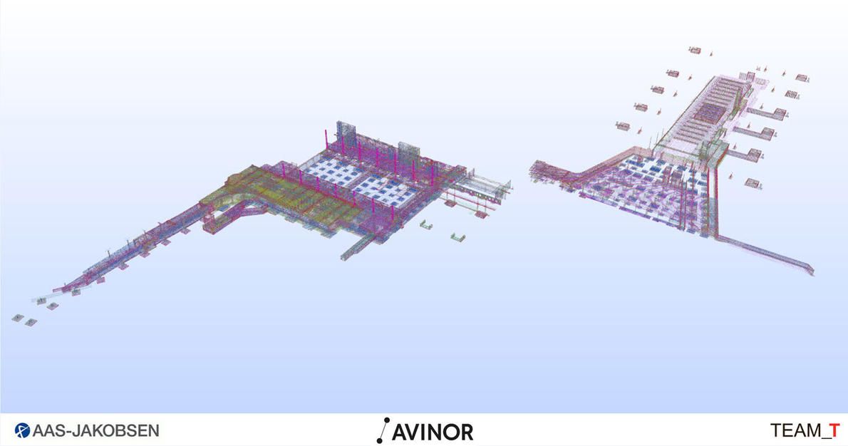 3D model of a building structure with multiple levels and visible supports, with the Avinor logo visible.