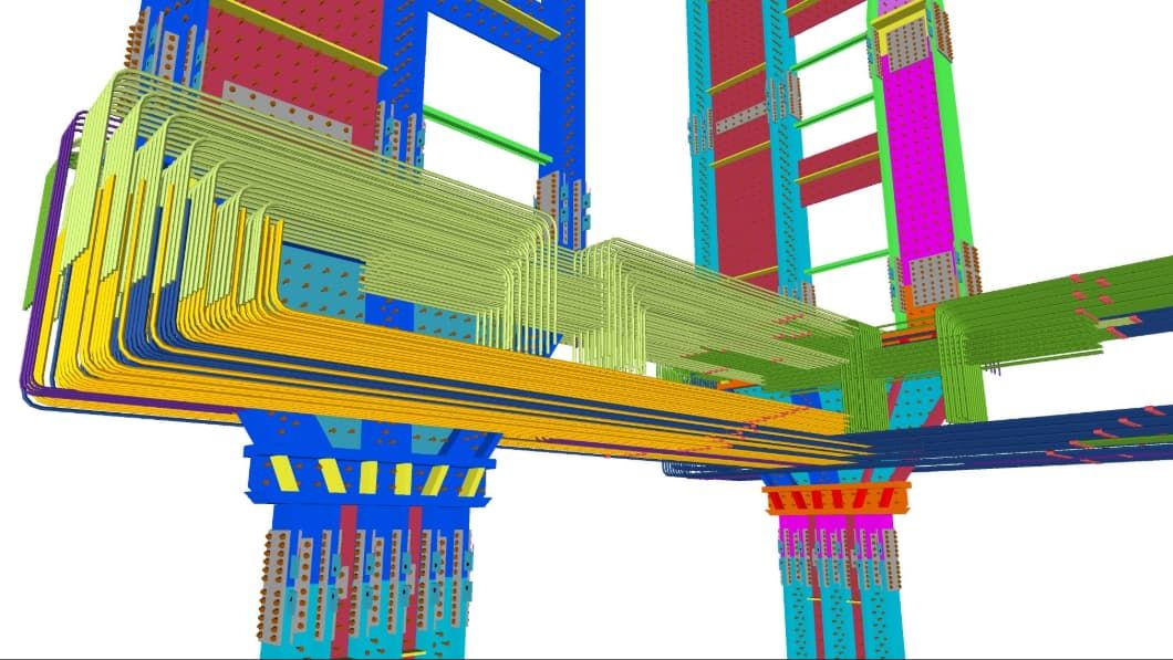 3D rendering of a complex bridge structure with colorful beams and pipes.