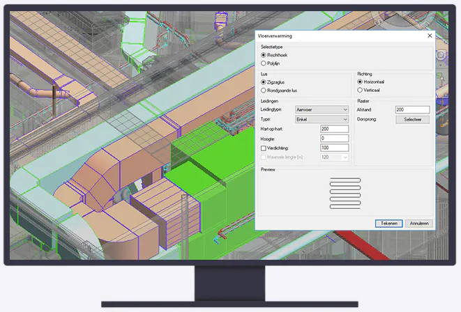 3D model of a building's HVAC system on a computer screen, with a dialog box displaying options for Floor Heating.