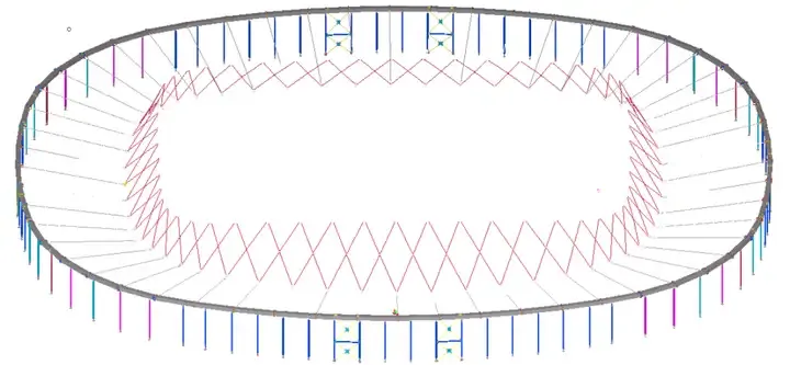 Tekla 3D rendering of an oval stadium structure with a skeletal framework.
