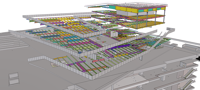 3D model of a building's internal structure showing different floors and levels with colorful beams and supports.