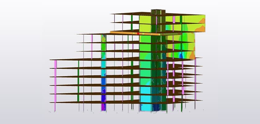 Model showing 2D element results in Tekla Structural Designer for slabs and walls which are modelled with 2D (Finite) element