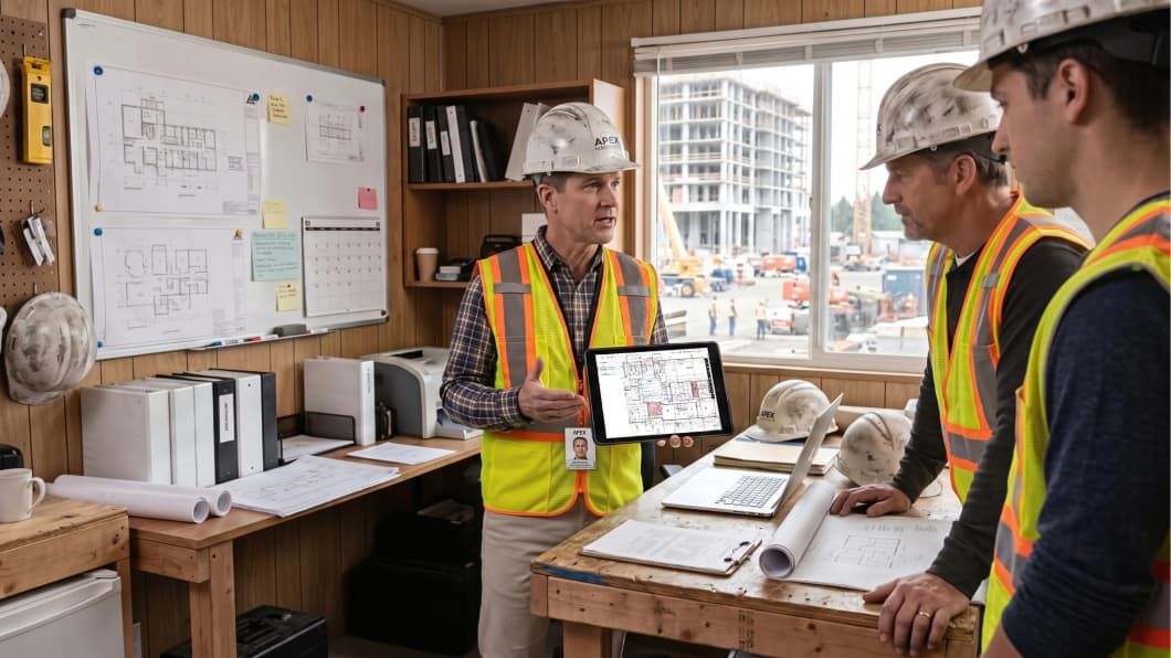 Construction supervisor showing plans on a tablet to workers in a site office. Hardcopy plans displayed on a paneled wall.