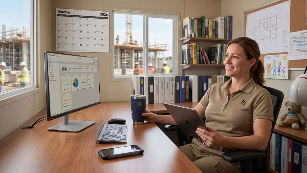 Office worker holding a tablet and tumbler at a desk with a construction project management dashboard.
