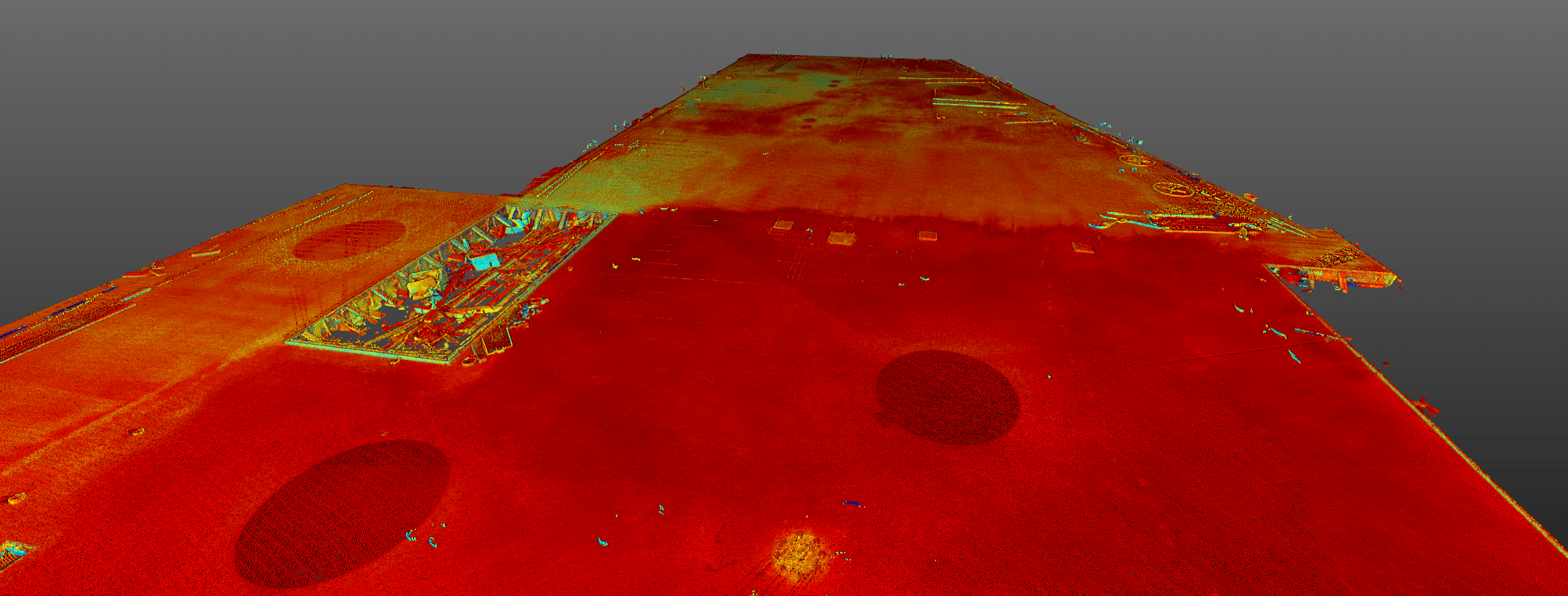 3D model of a concrete structure with a thermal overlay, showing varying temperatures in red, yellow, and blue.