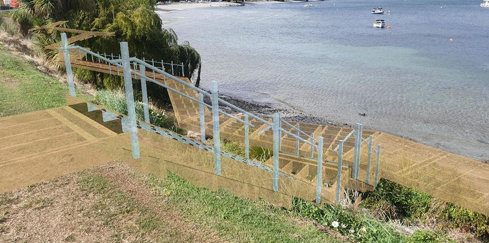A proposed design for new stairs and a boardwalk leading to a waterfront area with boats.