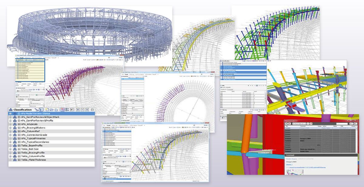 A collage of various screens displaying 3D modeling software, showing structural elements of a stadium being designed.