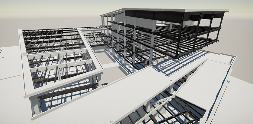 3D rendering of a building's steel frame structure during construction.