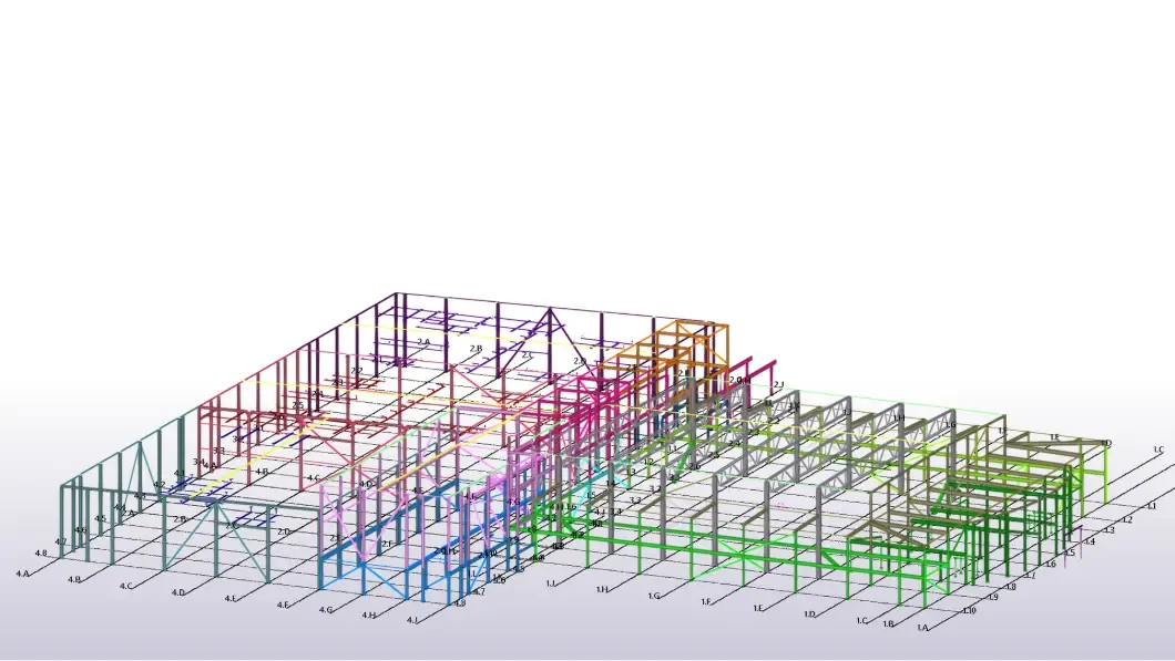 A 3D wireframe rendering of a large, multi-level steel structure is shown with beams and columns in various colors.