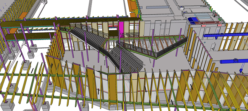 3D render of a modern building's interior design, showcasing diagonal walkways, wooden slat walls, and exposed structural elements.