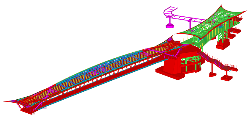 3D model of a footbridge with a curved roof, rendered in multiple colors to differentiate structural components.