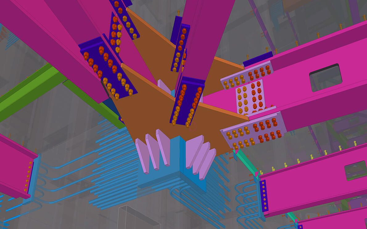 Tekla 3D model shows a complex steel structure with brightly colored beams and connecting plates.