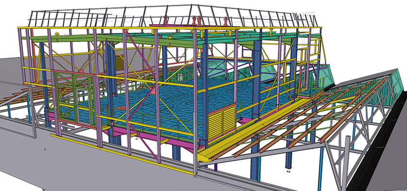 3D model of a complex structure with multiple levels, walkways, and support beams, rendered in various colors.