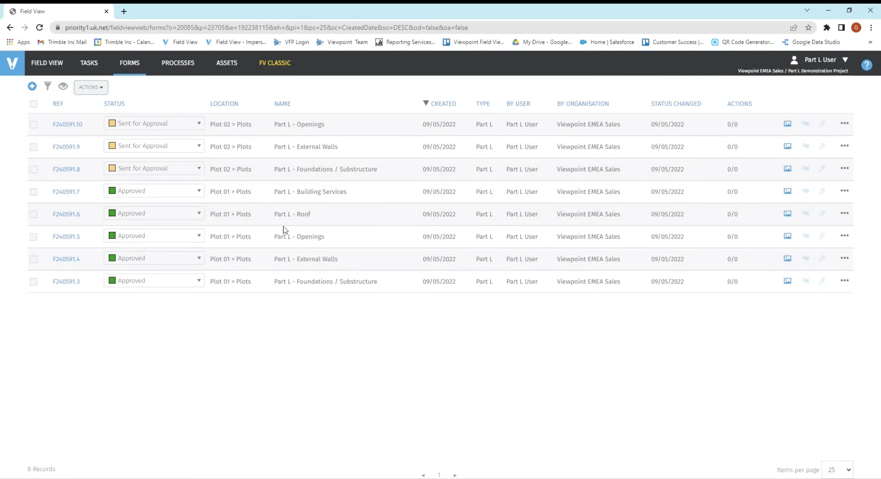 Screenshot of Part L processes view in a web browser in Field View
