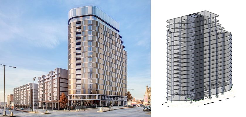 A 3D rendering of a curved modern building stands next to a structural model of the same building.