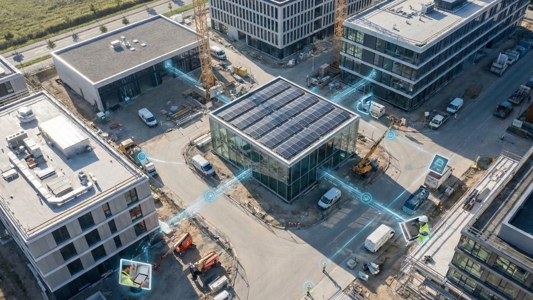 Aerial view of buildings with solar panels and blue digital lines connecting stylized people icons.