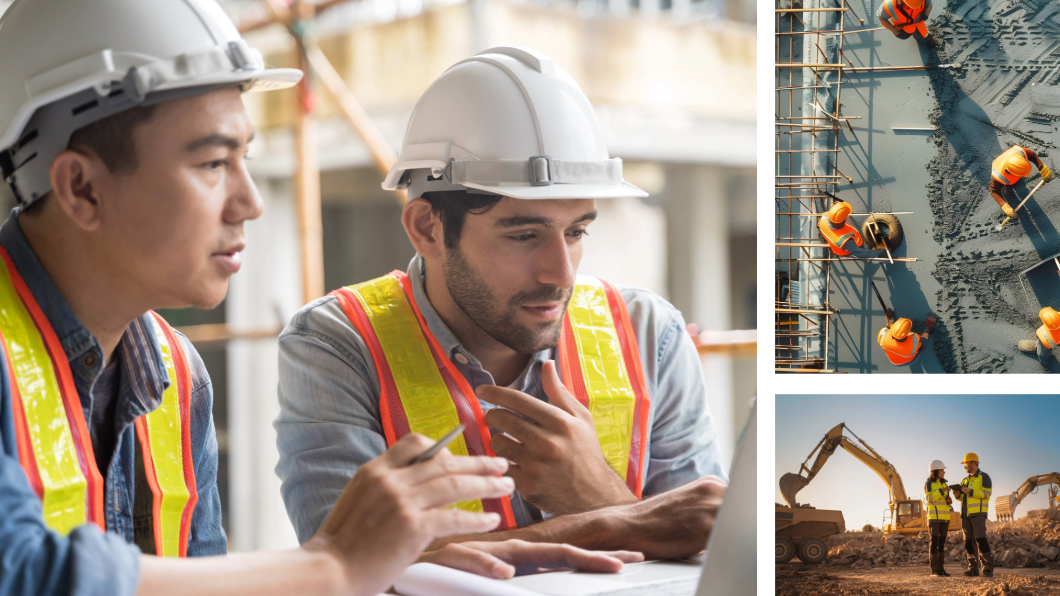 Three construction scenes: workers reviewing plans, aerial view of scaffolding crew, and two workers with excavators.