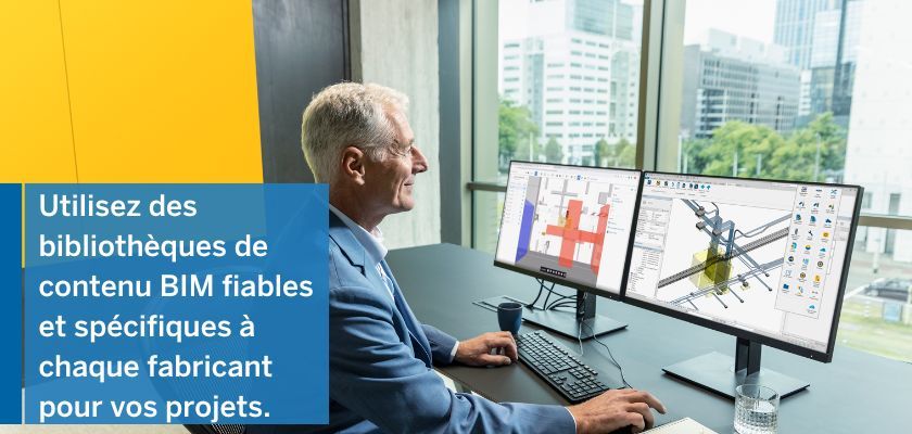 A man in a suit looks at two computer monitors displaying BIM software interfaces.