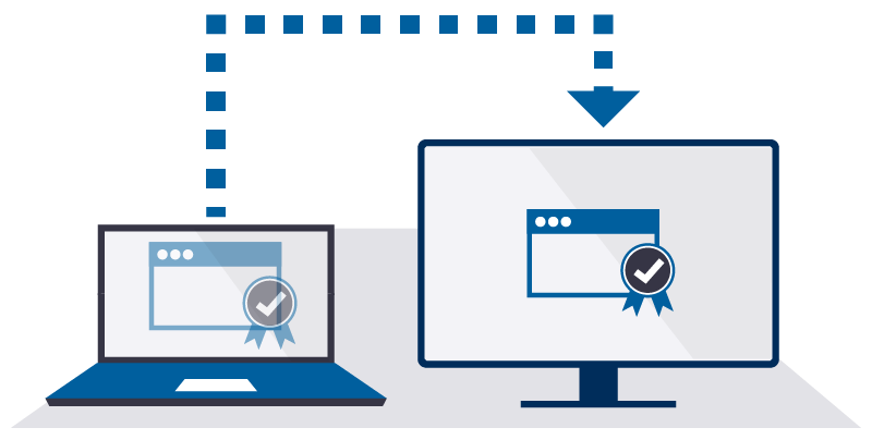 Illustration of a laptop and a monitor displaying a badge with a checkmark.