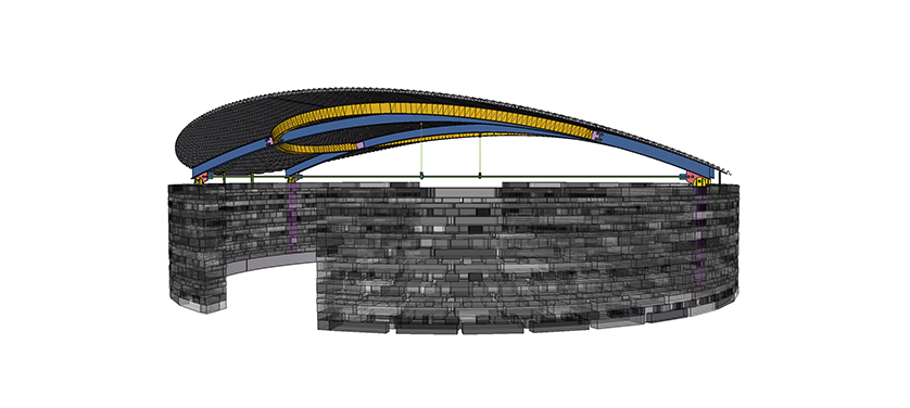 Architectural rendering of a circular building with a curved roof and visible structural elements.