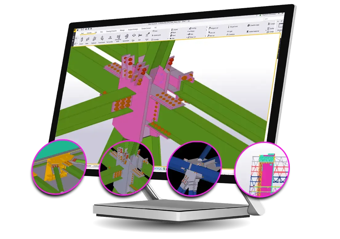 A computer screen displays a 3D rendering of a steel structure, with close-up insets showcasing detailed connections and components.