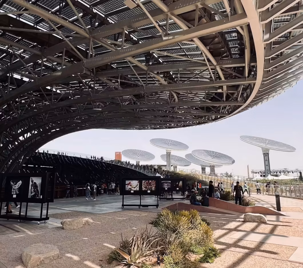 Large solar panel roof over an outdoor exhibition with people and desert plants.