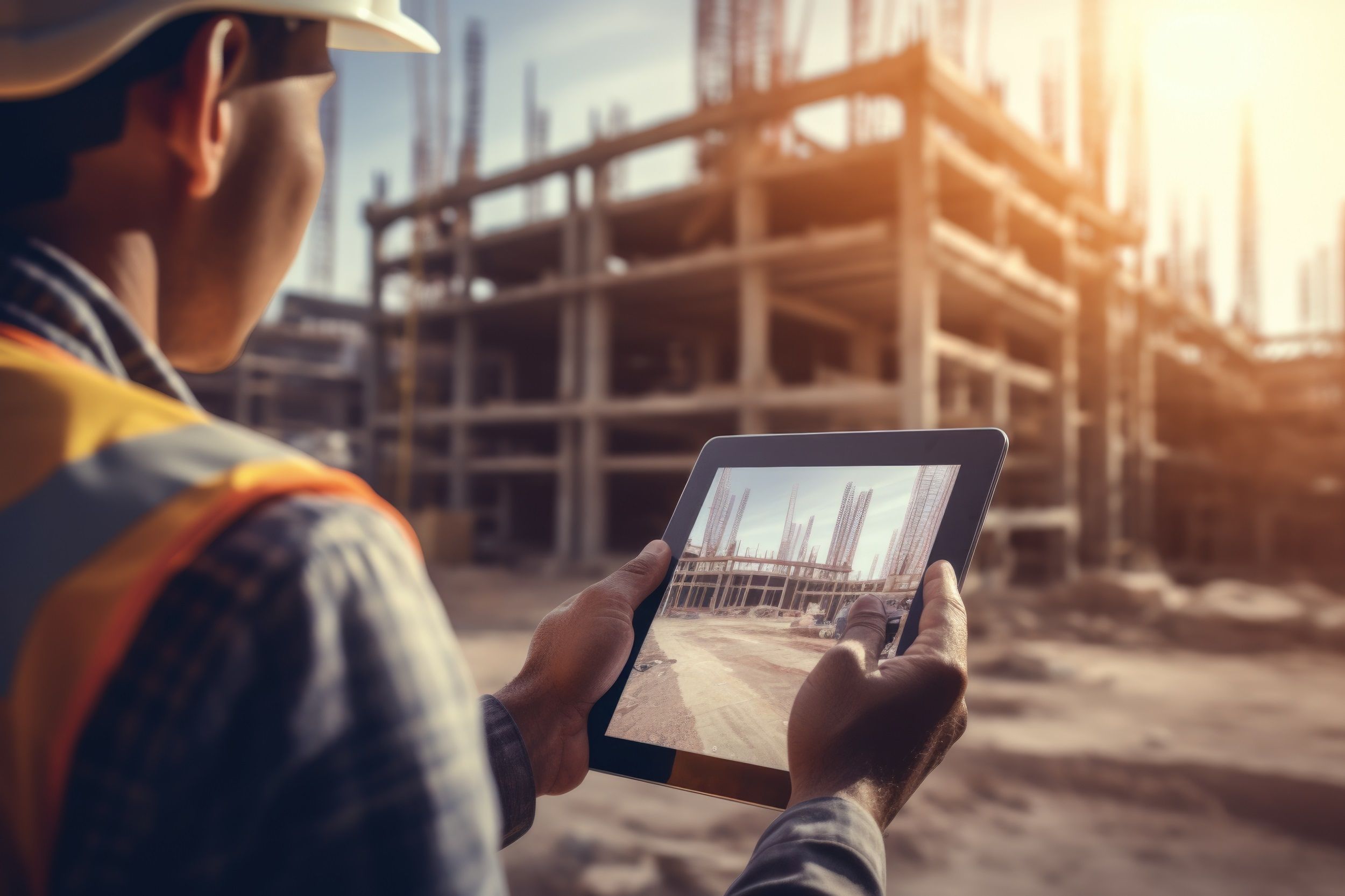 Construction worker on a tablet at a new building site.