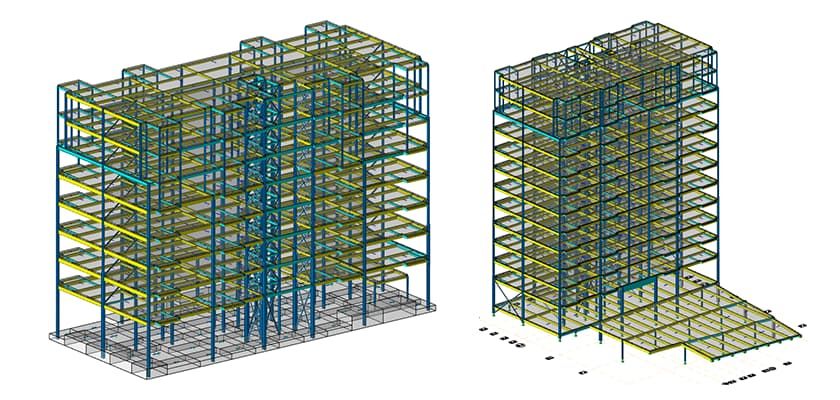 3D rendering of two building structures showing the steel framework.
