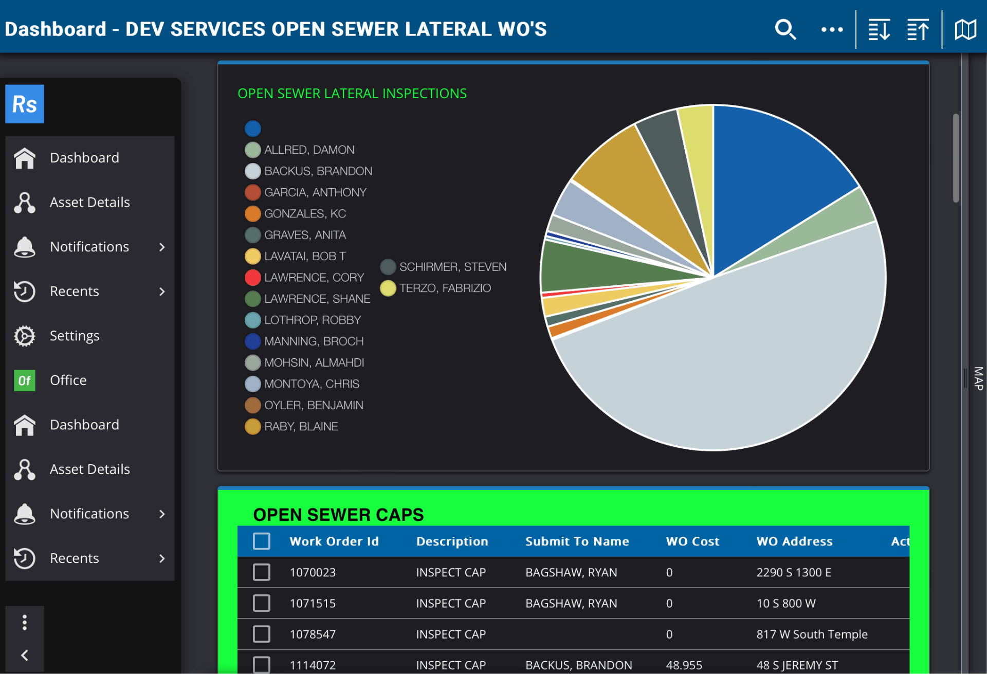Trimble Cityworks dynamic dashboard displaying a pie chart of sewer lateral inspections and a table of open sewer work orders.