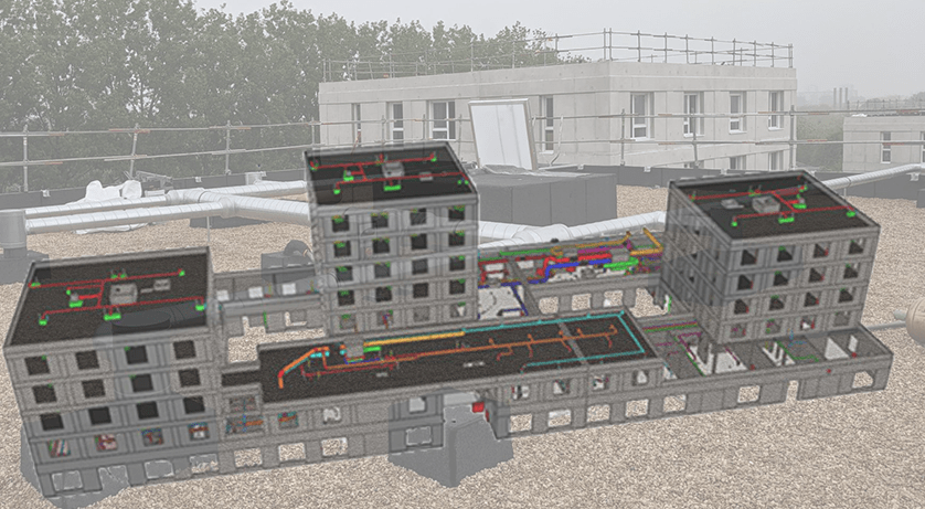 A 3D model displays a complex system of colorful pipes and HVAC equipment installed on the rooftops of several unfinished buildings.