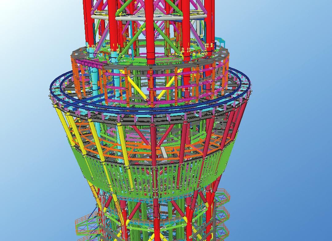 A 3D rendering of the Tokyo Skytree's steel structure, with colorful beams and supports against a bright blue background.