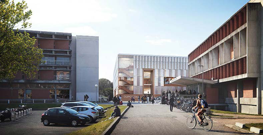 Architectural rendering of the Dupotag building, featuring concrete and brick exteriors, a glass facade with an exposed staircase.