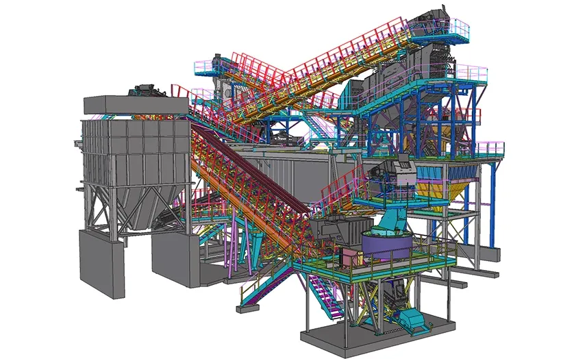 Tekla 3D rendering of a complex industrial plant with conveyors and processing equipment.