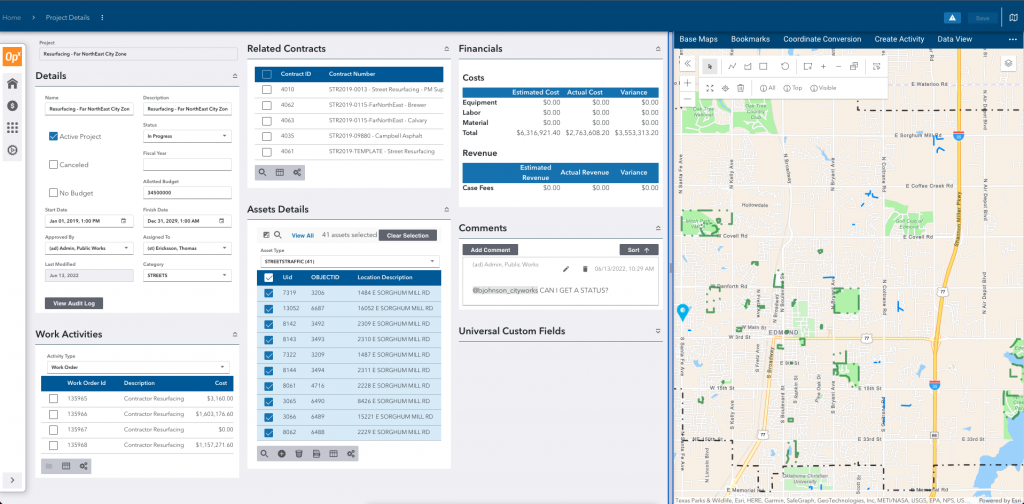 Project management dashboard showing project details, financial information, and a map.