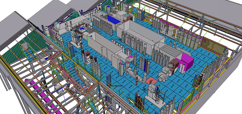 3D rendering of a manufacturing facility layout showing machinery, pipework, and structural elements.