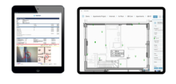 Screenshots of two tablets displaying project management software, one with a report and photos, the other with a floor plan.