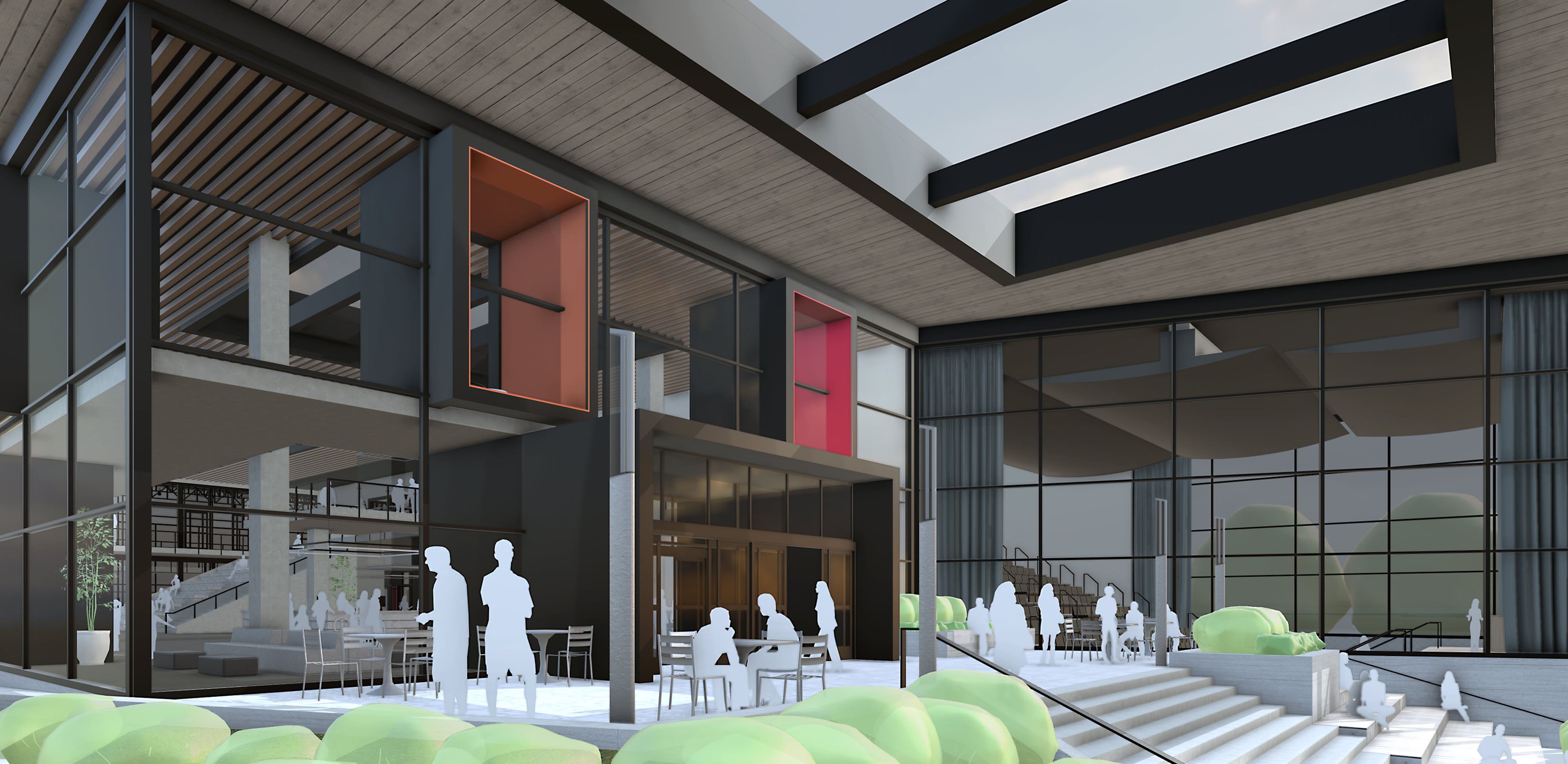 Modelo de SketchUp que muestra el exterior de un moderno centro comunitario con grandes paredes con ventanas y figuras de per