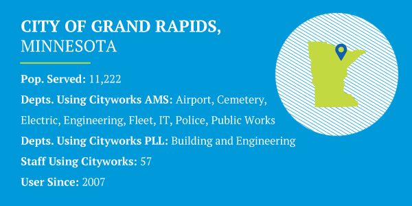 Grand Rapids, MN stats: 11,222 served, 57 staff, and many city departments use Cityworks.
