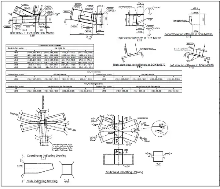 Blueprint showing technical drawings for a structural component, including elevations, side views, coordinate tables, and stub weld indications.