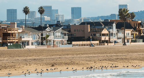 Beachfront homes with palm trees and city skyscrapers in the background.