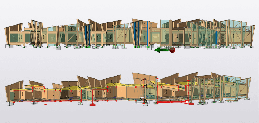 The Hux Shard model showing the primary building frame consisting of 282 glulam timbers