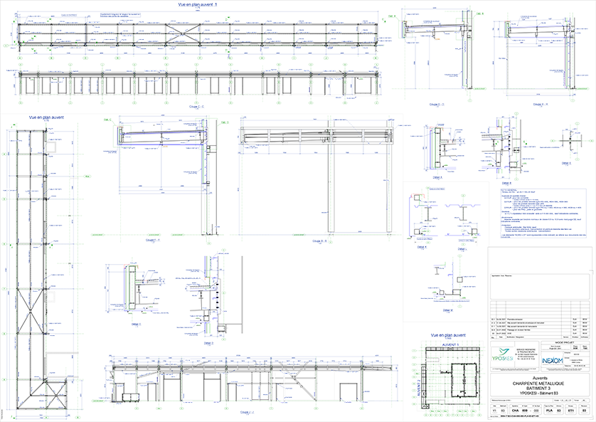 Blueprint of a metal structure for a building, showing different views and detailed technical specifications.