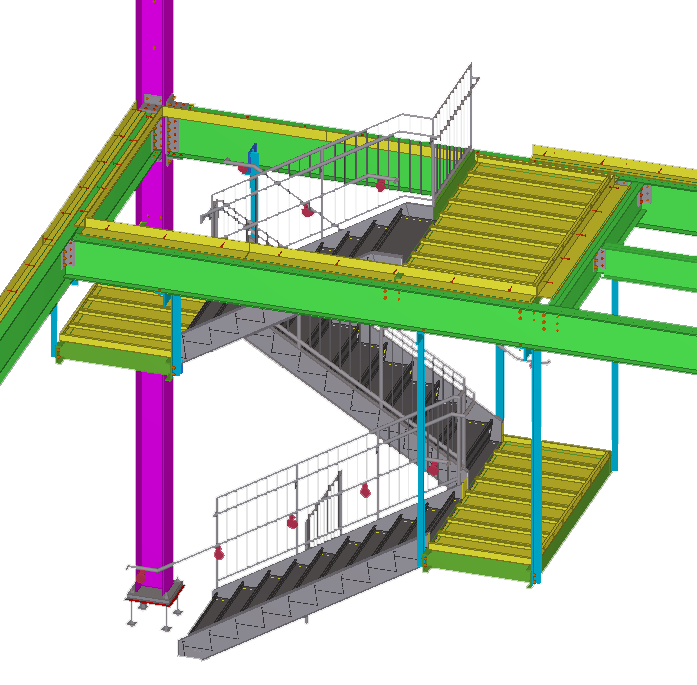3D model rendering of a steel structure with stairs, yellow decking, and green beams.